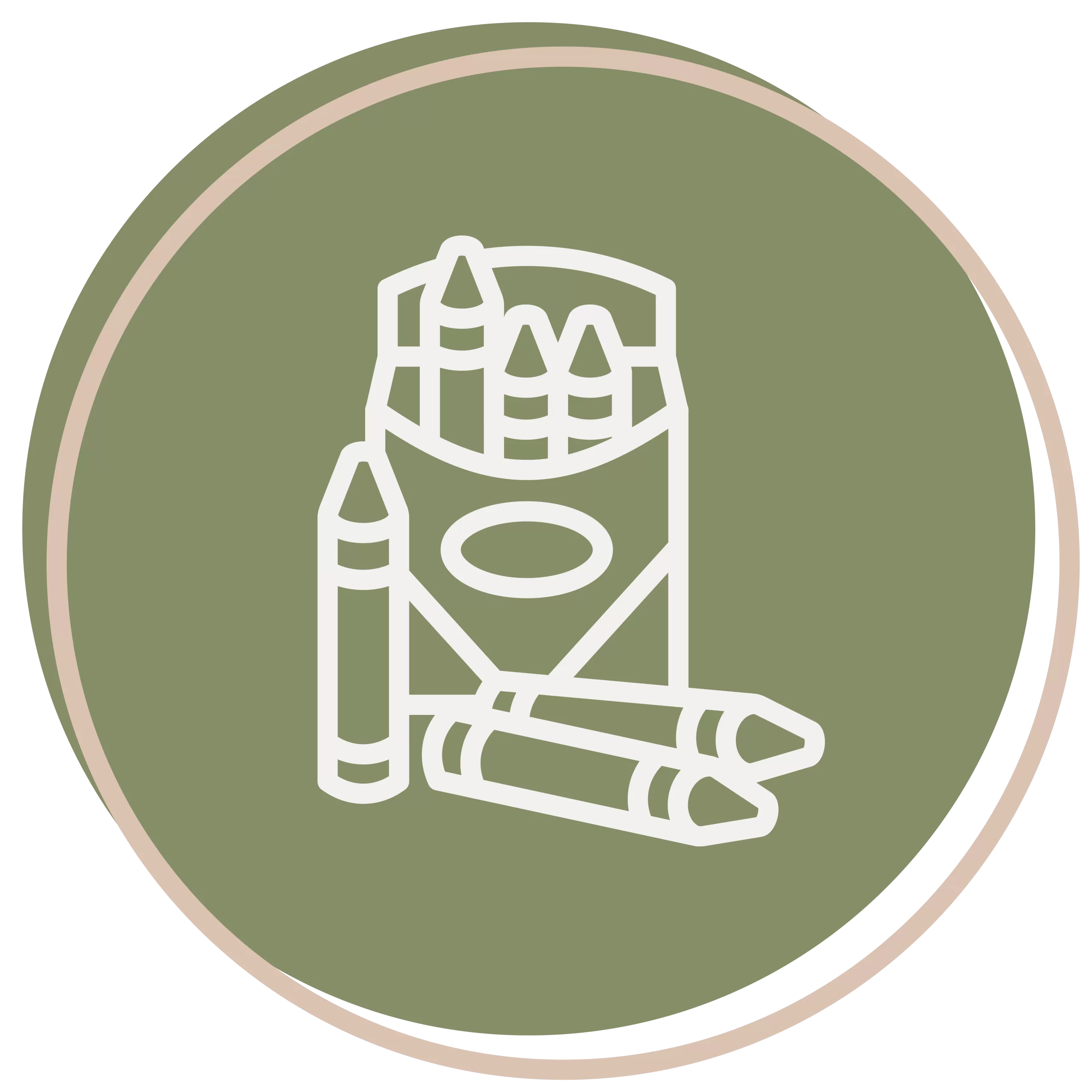 Line drawing of an open box of crayons with several crayons inside and two crayons lying in front, on a green circular background—perfect for an Early Childhood Learning Center theme.