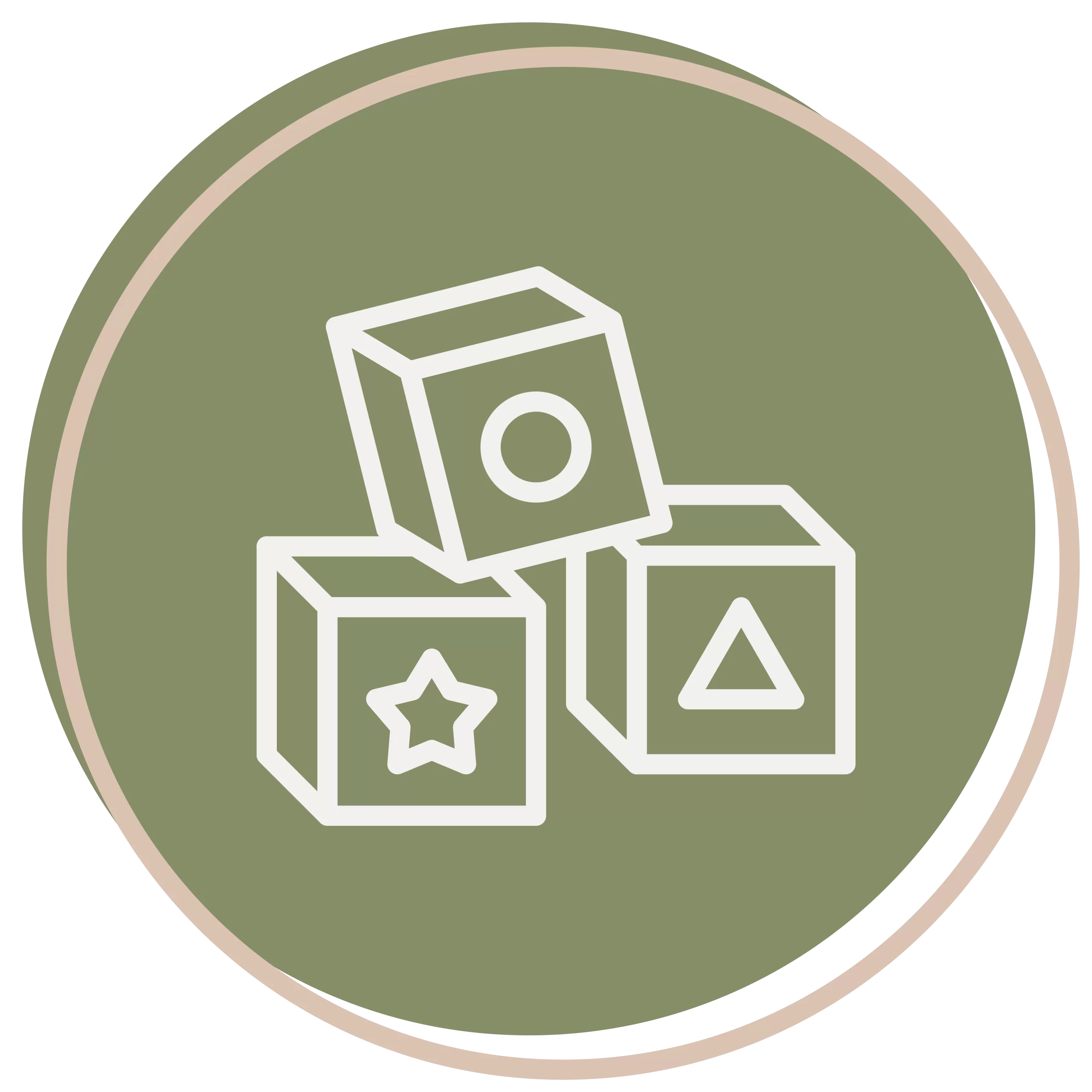 Three toy blocks with star, circle, and triangle shapes on their faces, illustrated in white lines on a green circular background—perfect for an Early Childhood Learning Center logo or educational materials.