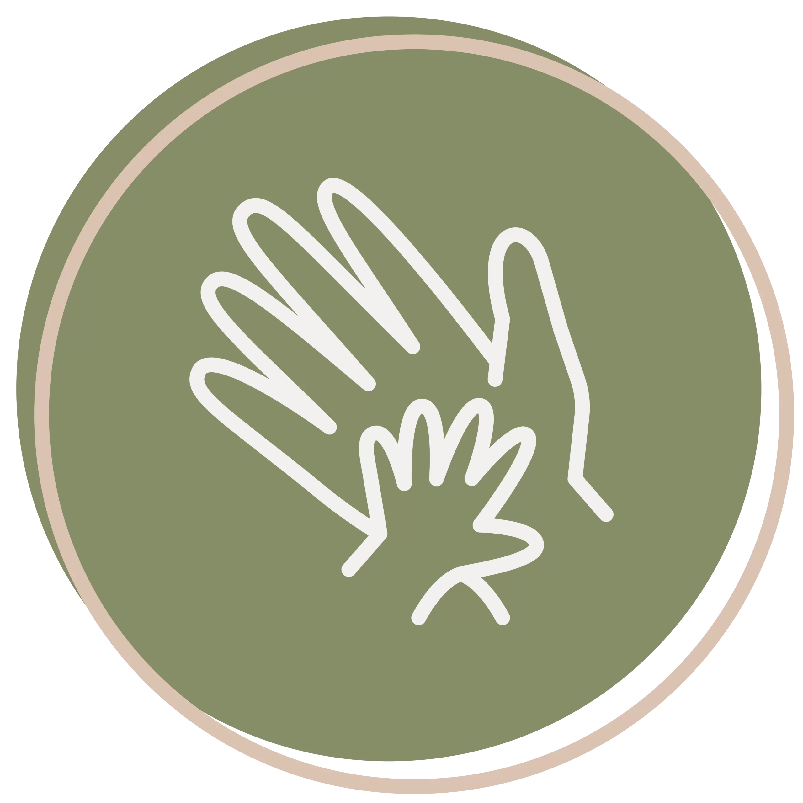A graphic for an Early Childhood Learning Center featuring a large and small hand overlapping, outlined in white, set against a green circular background with a beige border.