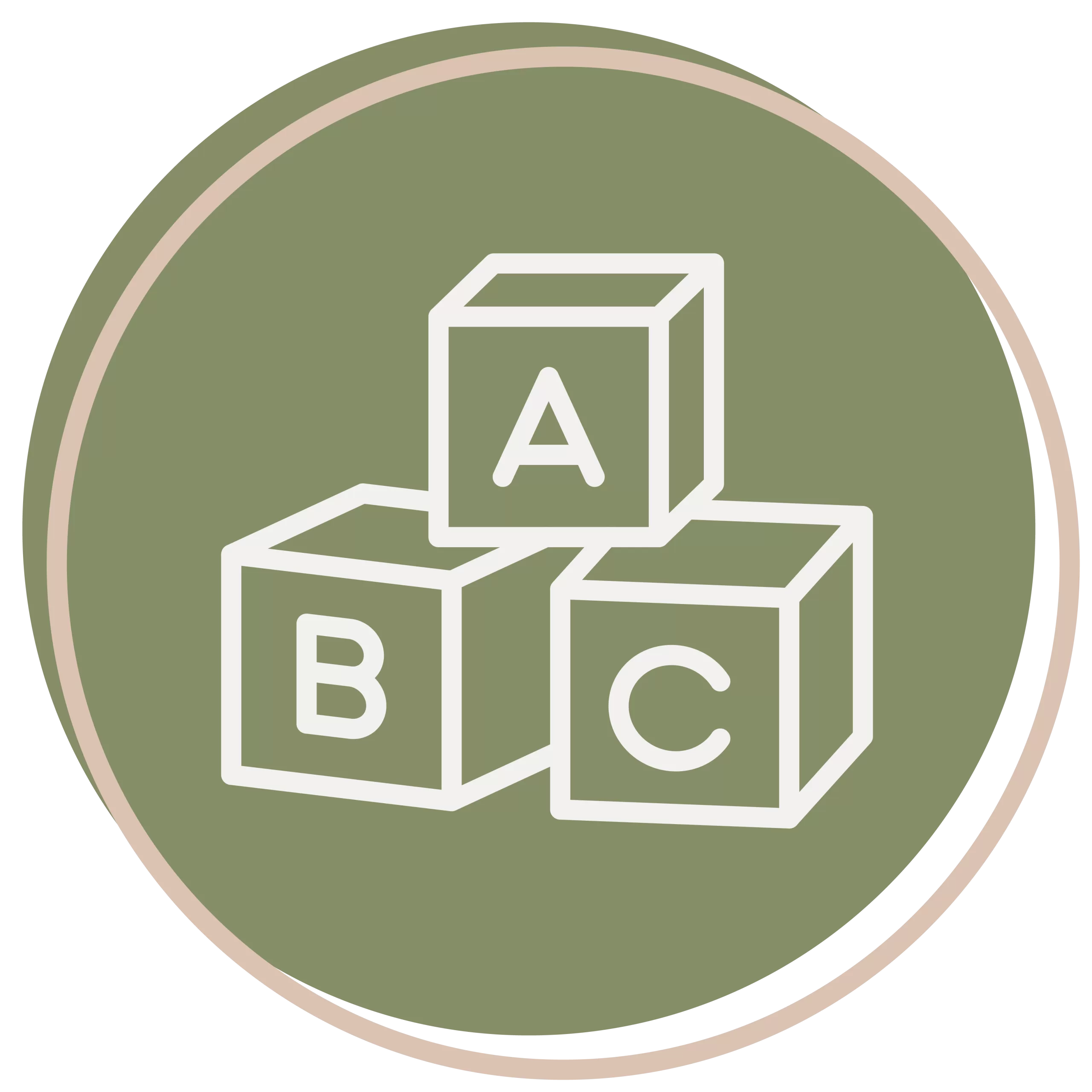 Three stacked toy blocks labeled A, B, and C are illustrated in white on a green circular background with a beige border, symbolizing the playful foundation of an Early Childhood Learning Center.