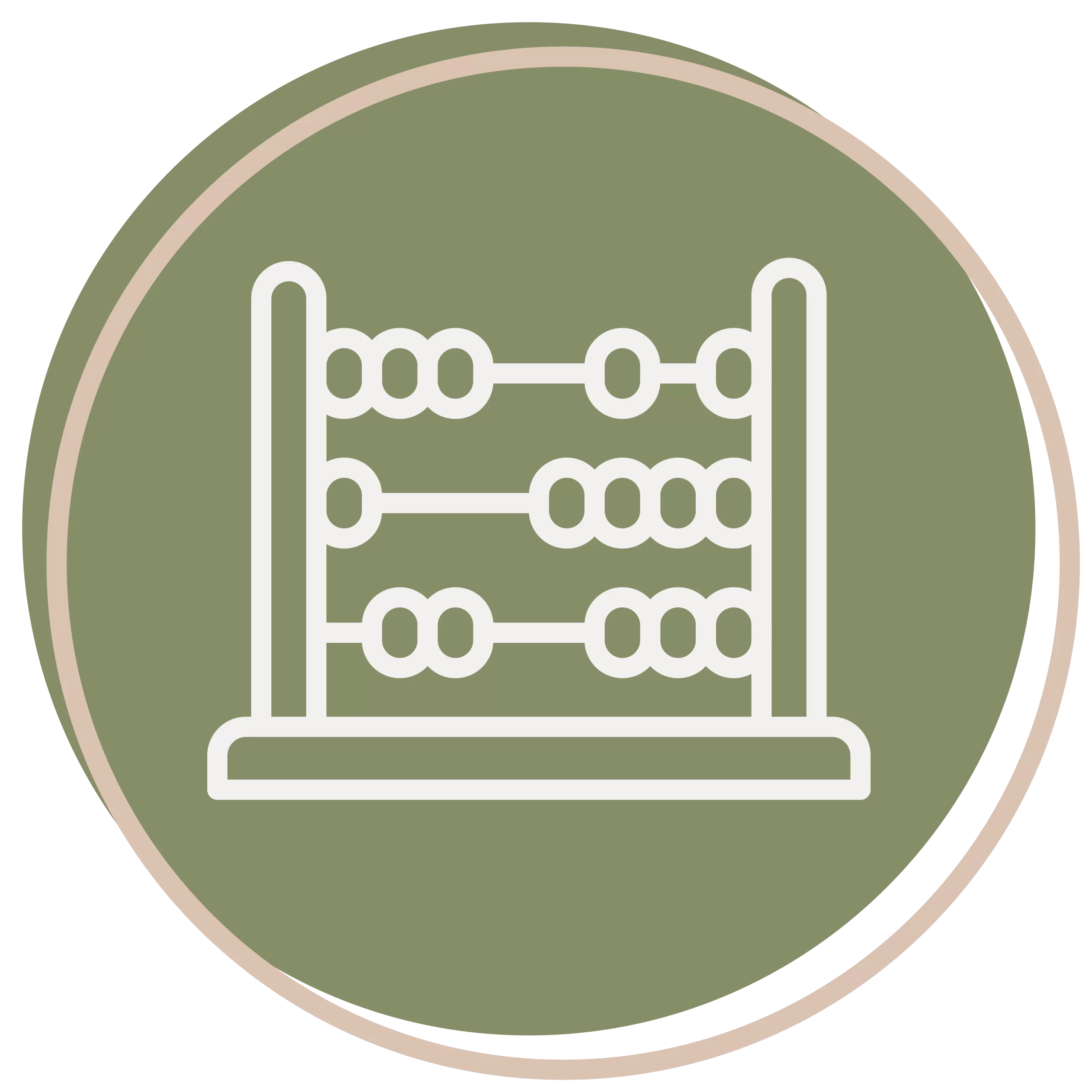 An outlined abacus icon is centered on a green circular background with a beige border, symbolizing the foundational skills nurtured at an Early Childhood Learning Center.
