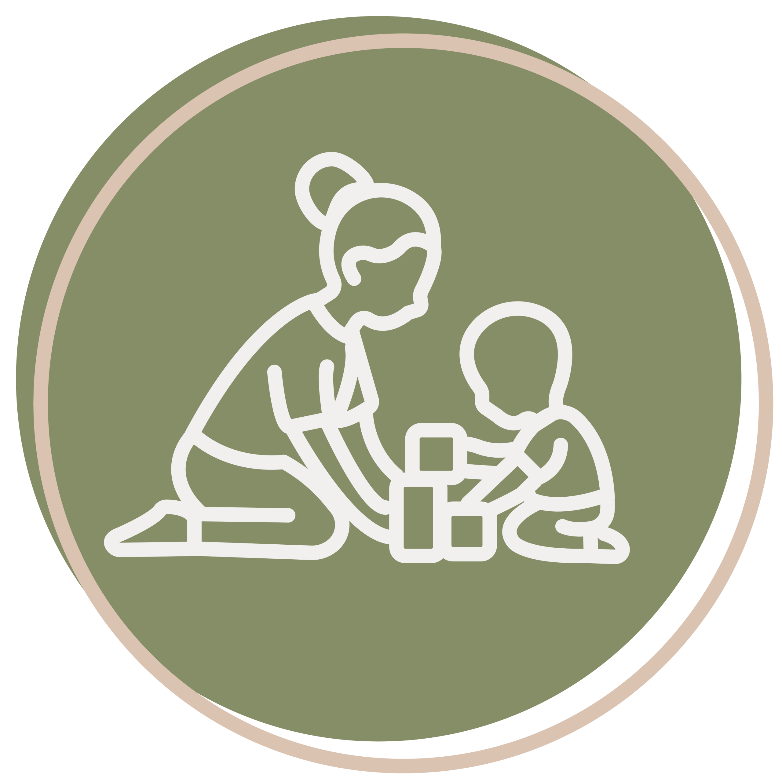 Line drawing of an adult and a child sitting on the floor, playing together with building blocks inside a green circle.