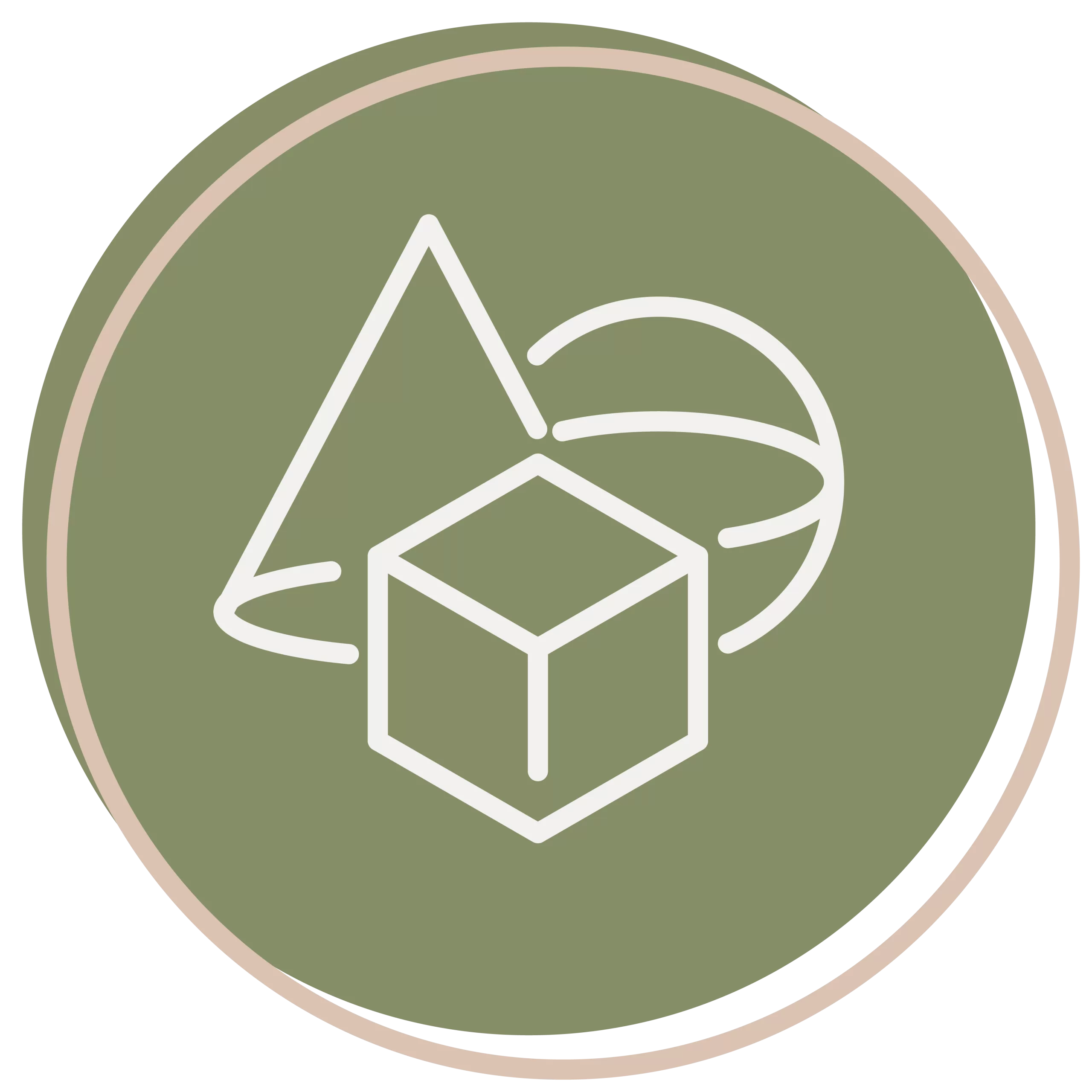 A simple line drawing of a cone, sphere, and cube on a green circular background with a beige border—reflecting the creativity fostered at About Hill Country ELC.