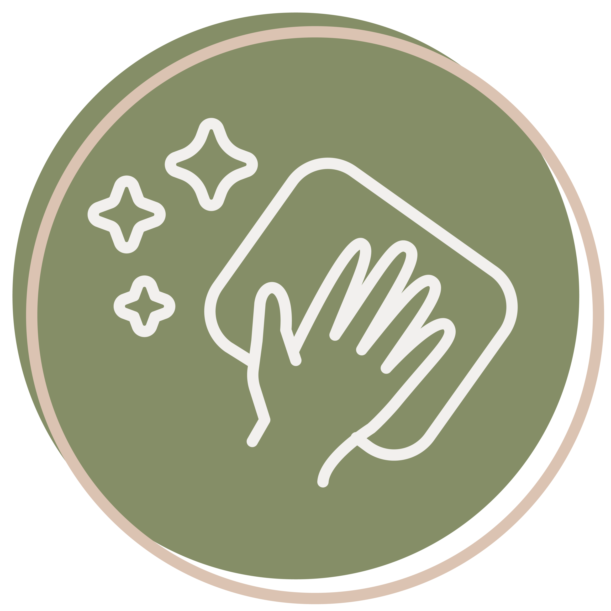 A simple icon of a hand wiping a surface with a cloth and three sparkling stars, representing cleaning or sanitation, on a green circular background—perfect for illustrating cleanliness at About Hill Country ELC.
