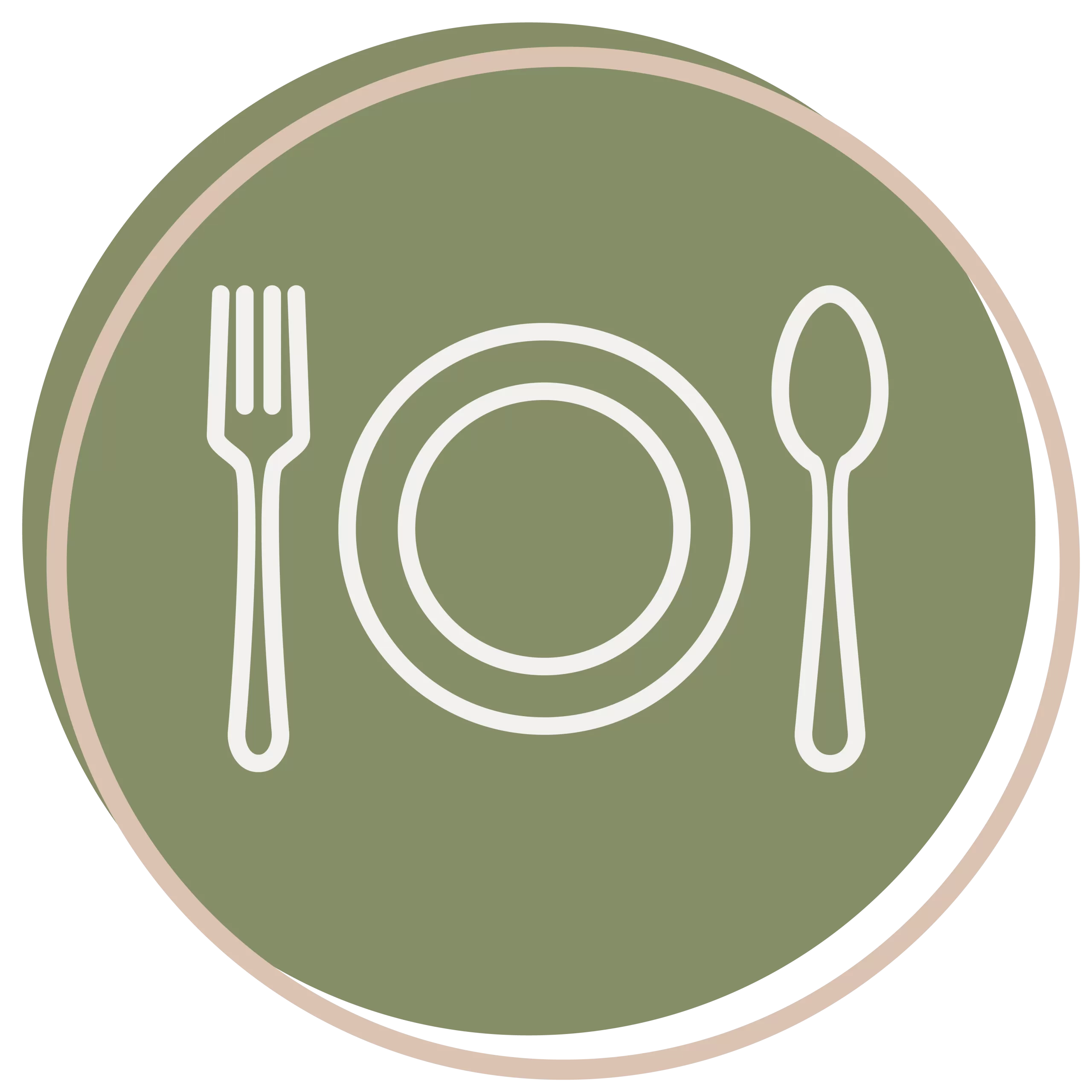 A simple graphic of a plate, fork, and spoon arranged side by side on a green circular background, representing the welcoming atmosphere at About Hill Country ELC.
