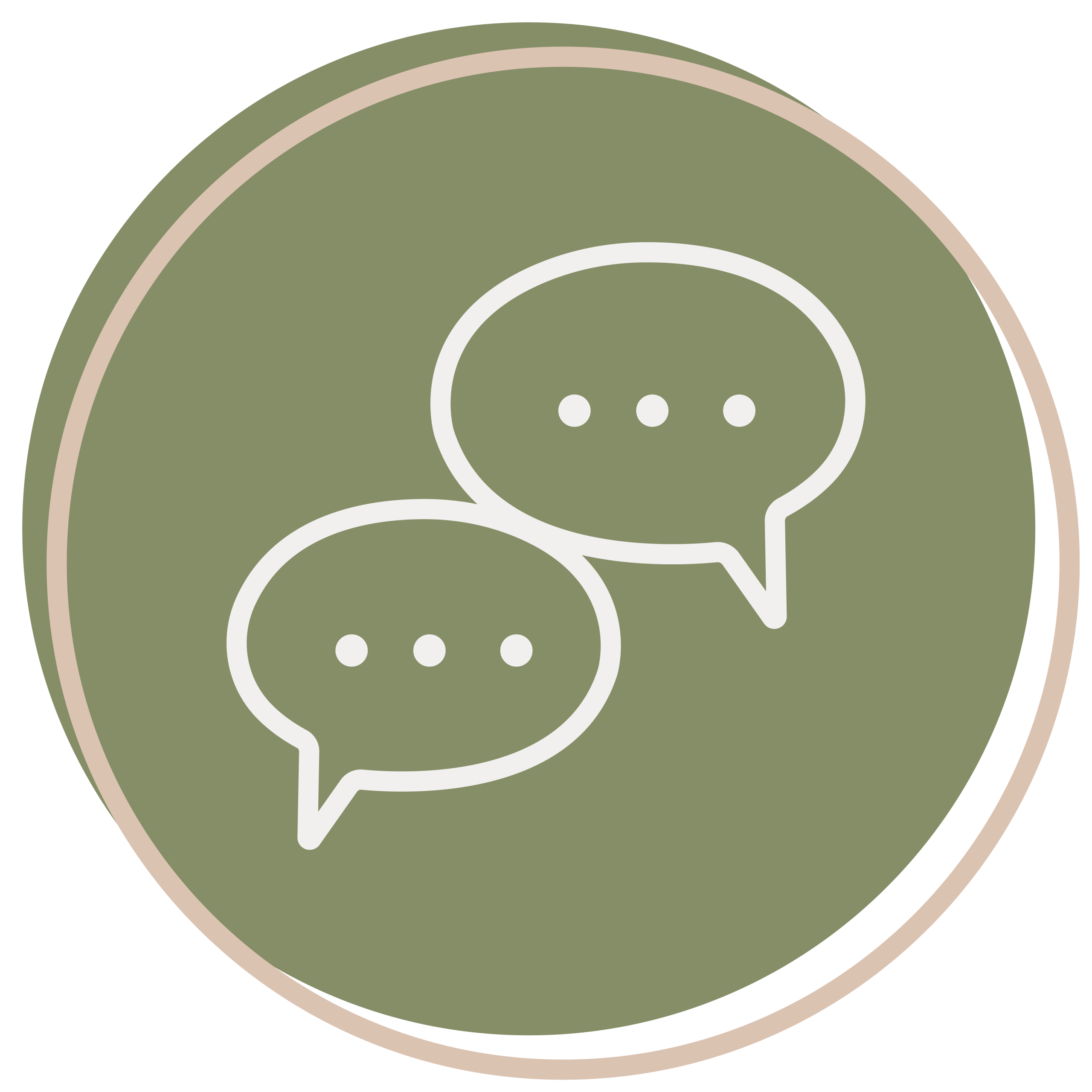 Two overlapping speech bubbles with three dots inside each, displayed on a green circular background with a beige border—perfect for representing Daycare & Preschool Programs.