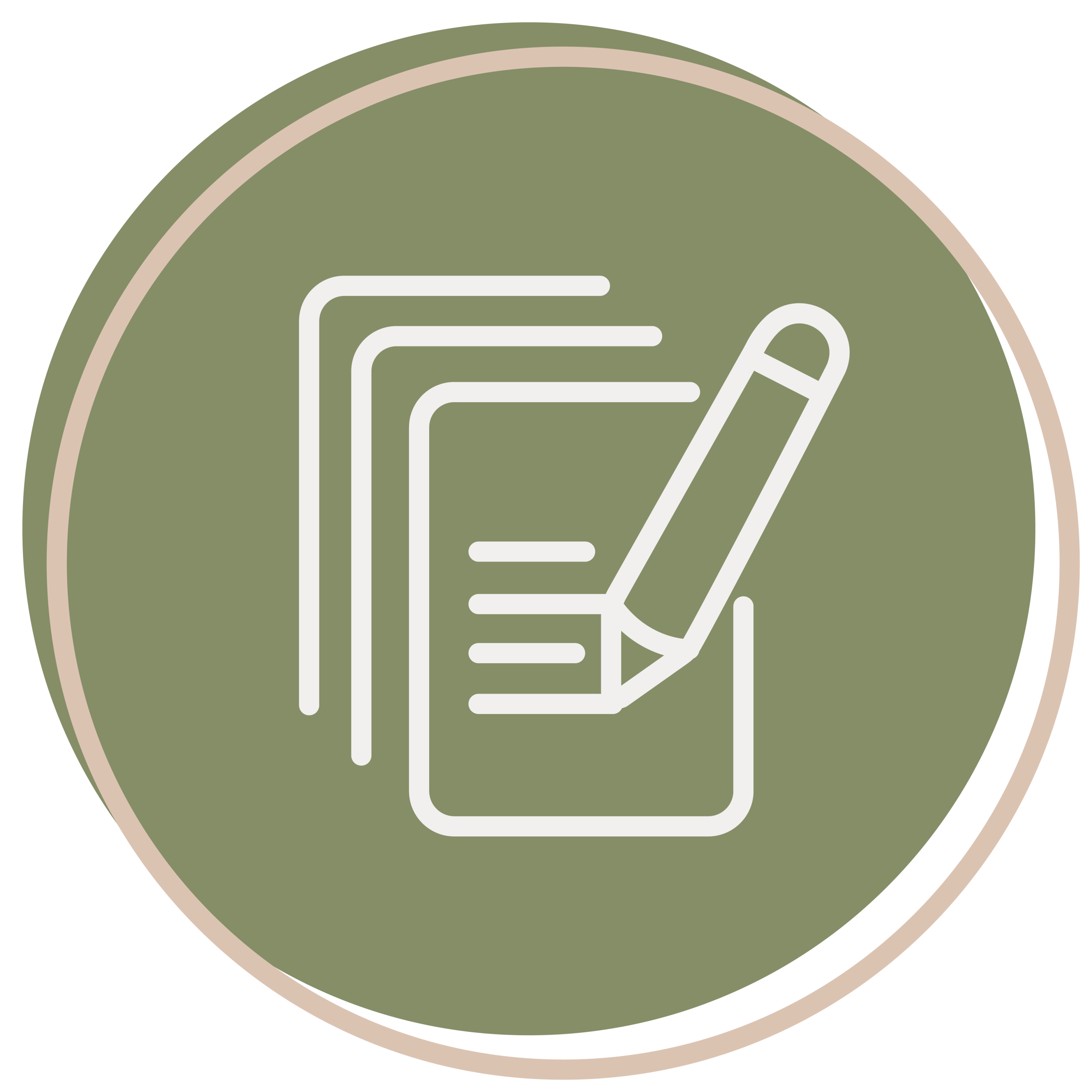 Icon showing a white outline of stacked papers and a pencil on a green circular background with a beige border, representing forms for Daycare & Preschool Programs.