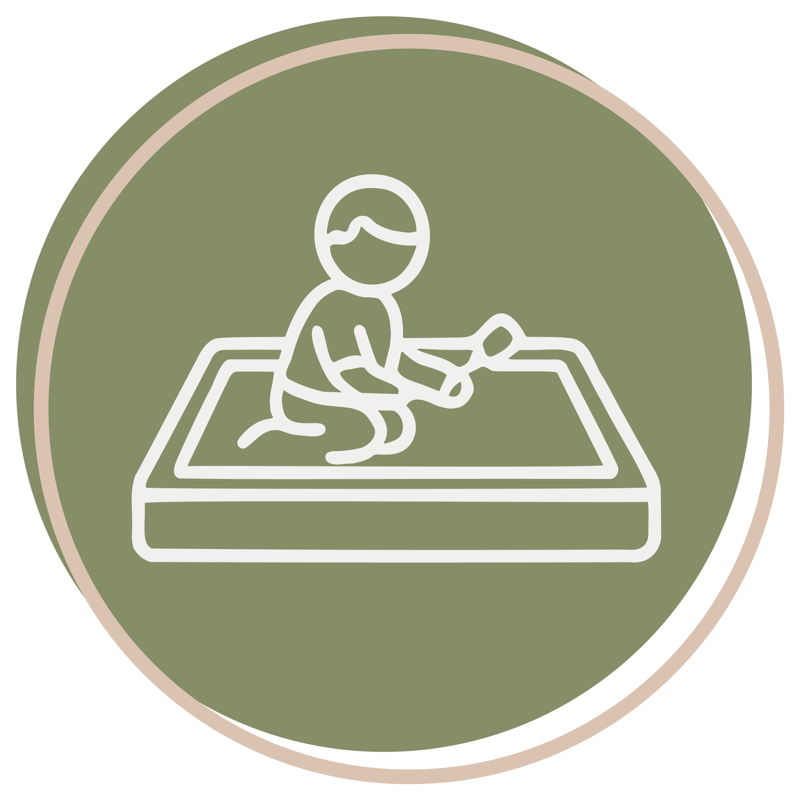 Line drawing of a child playing in a sandbox with a small shovel, inside a green circular icon with a beige border.