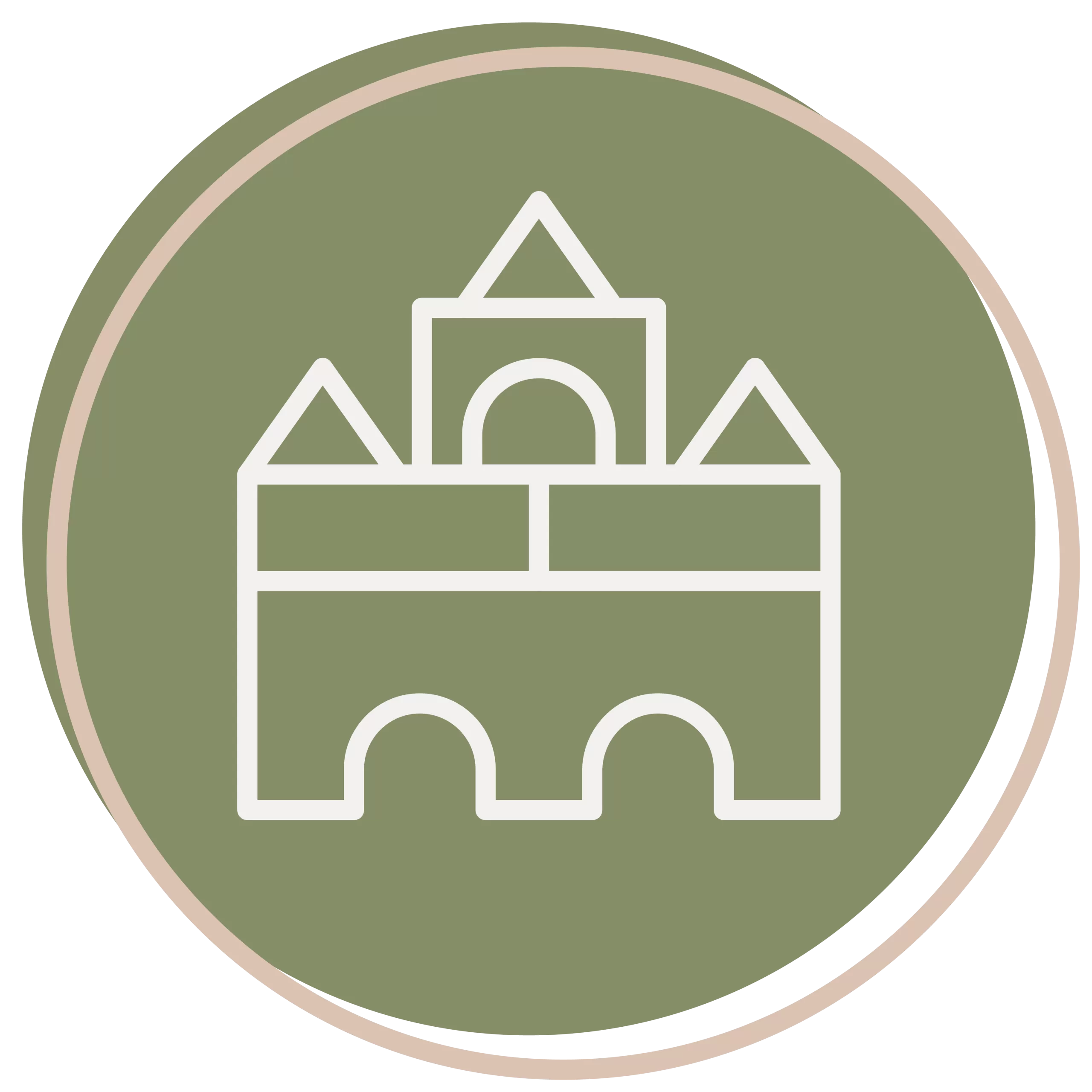 A simple white line drawing of a castle with three towers on a green circular background bordered by beige and black rings, representing About Hill Country ELC.