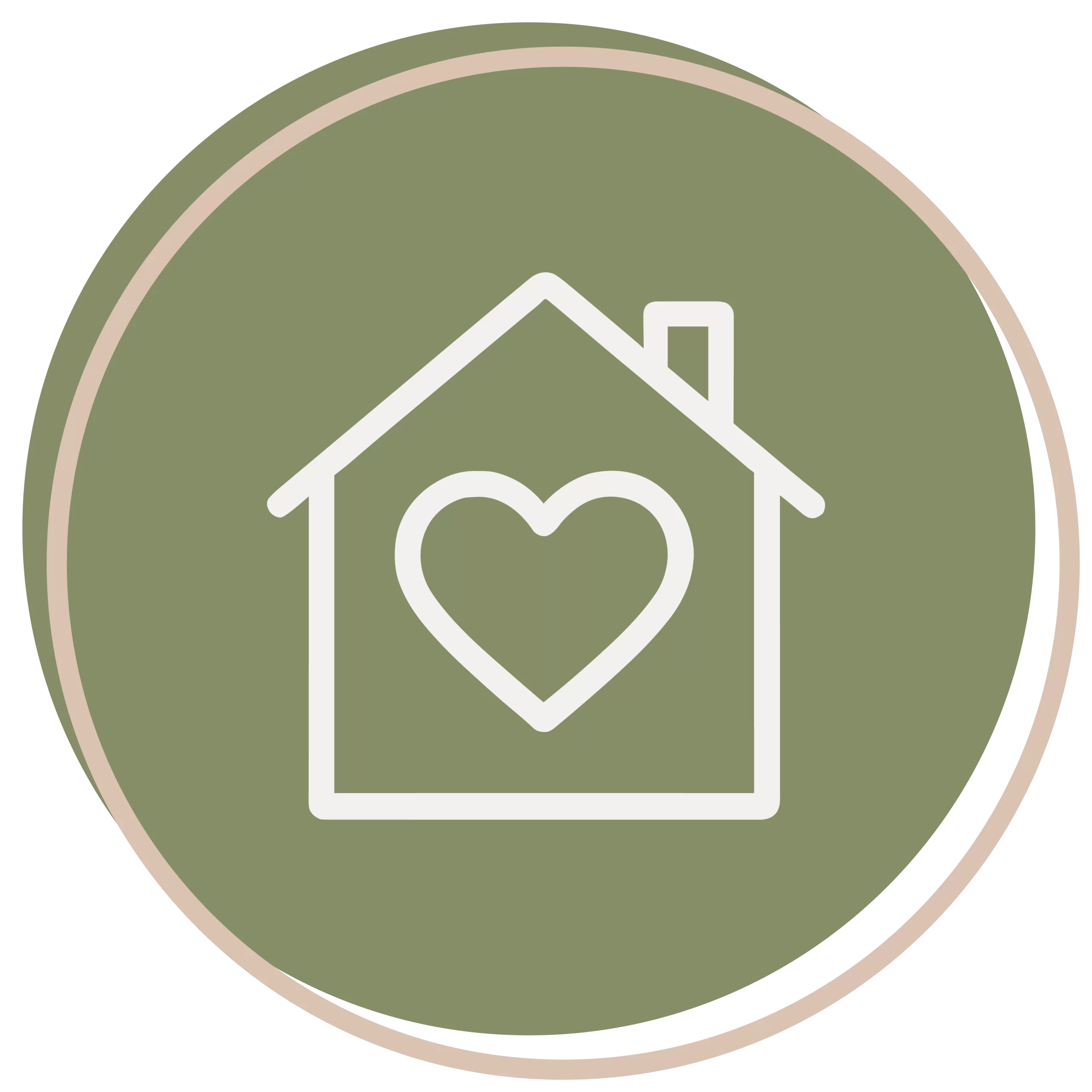 A simple house icon with a heart in the center, displayed on a green circular background with a beige border—perfect for representing About Hill Country ELC.